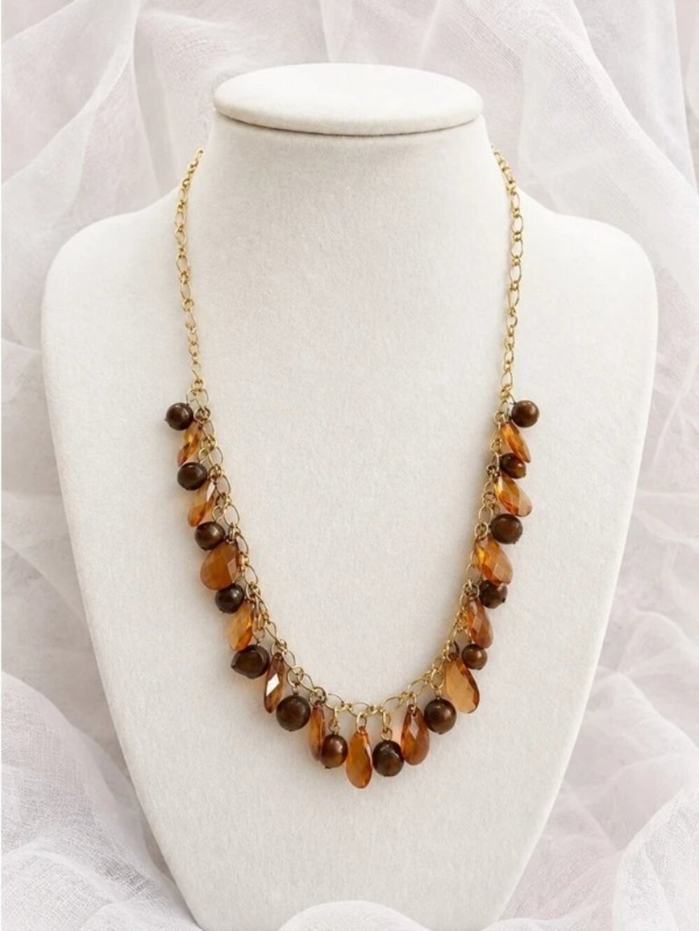 Cookie Lee Amber & Brown Beaded Statement Necklace 32” Gold Tone